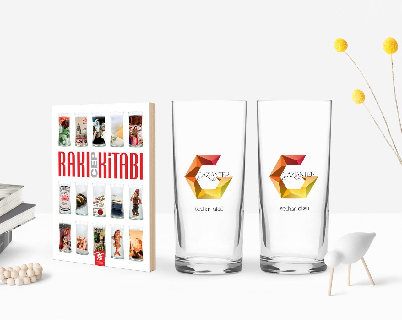 Kişiye Özel Renkli Baskılı Gaziantep Tasarımlı Turistik İkili Rakı Bardağı ve Rakı Cep Kitabı Hediye Seti-1