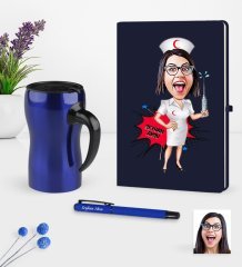 Kişiye Özel Hemşire Karikatürlü Lacivert Defter Kalem Termos Mug Seti - 1