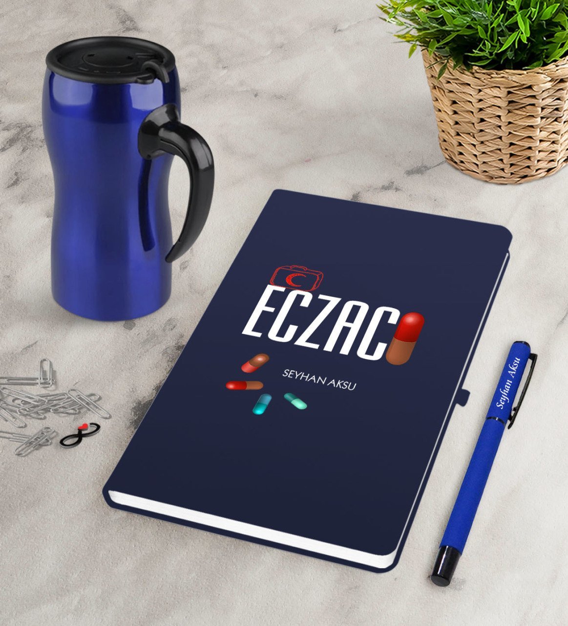 Kişiye Özel Eczacı Lacivert Defter Kalem Termos Mug Seti-3