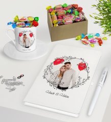 Kişiye Özel İsimli Fotoğraflı Beyaz Defter Kalem Türk Kahvesi Fincanı ve Kutulu Haribo Şeker Hediye Seti-26