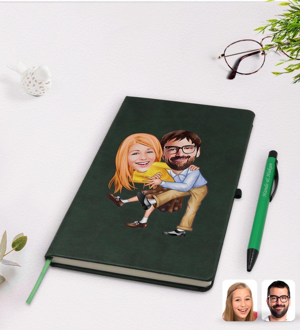Kişiye Özel Sevgililer Karikatürlü Yeşil Termo Deri Defter Kalem Seti Model 102