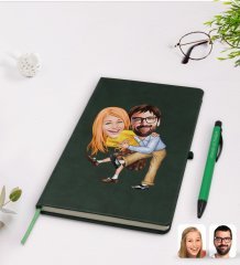 Kişiye Özel Sevgililer Karikatürlü Yeşil Termo Deri Defter Kalem Seti Model 102