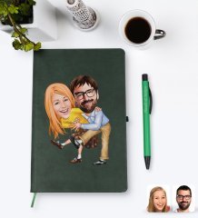 Kişiye Özel Sevgililer Karikatürlü Yeşil Termo Deri Defter Kalem Seti Model 102