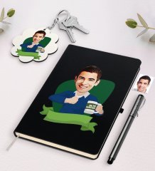 Kişiye Özel Erkek En İyi Öğretmen Karikatürlü Siyah Defter Kalem Ve Anahtarlık Hediye Seti-1
