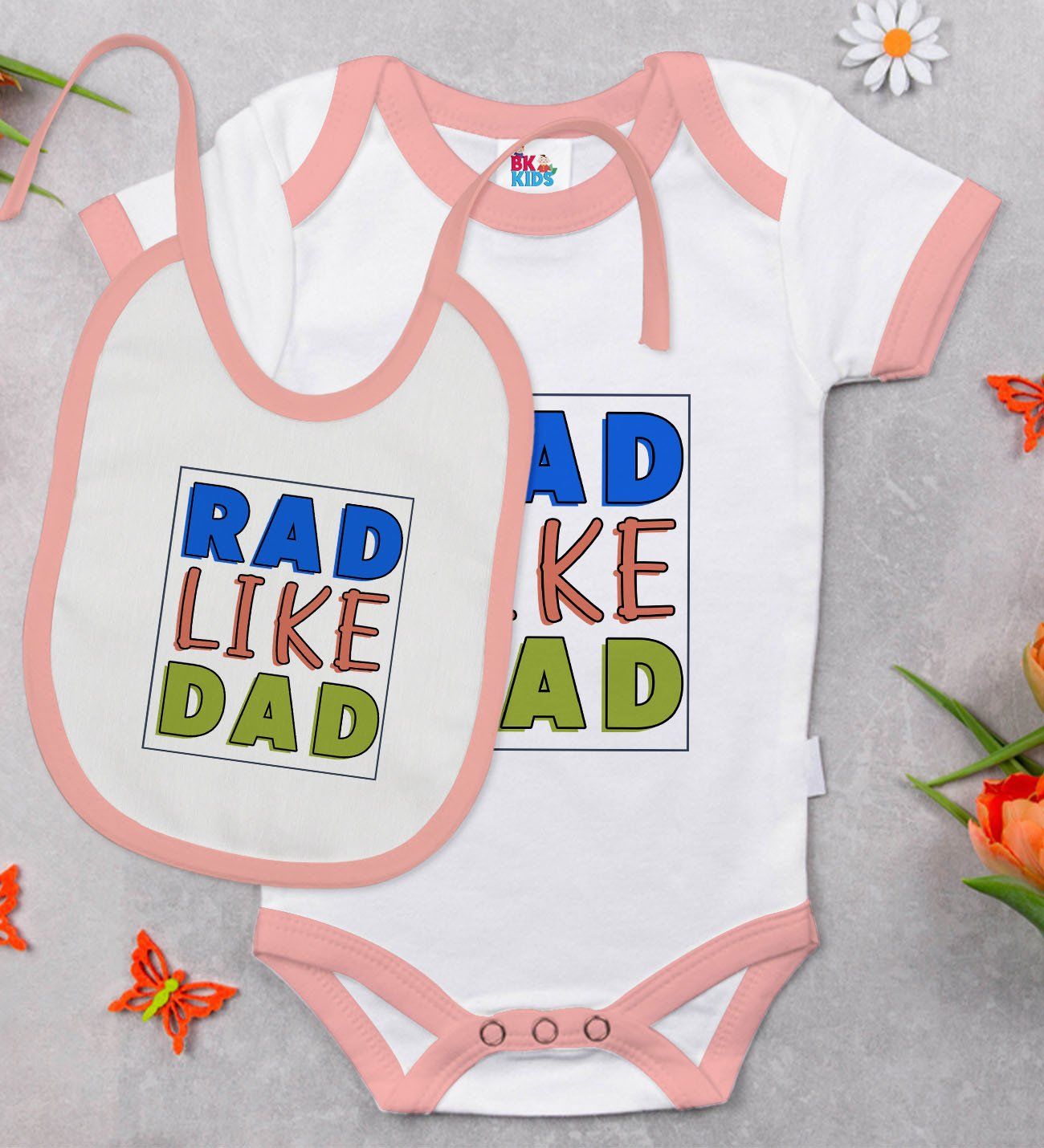 BK Kids Rad Like Dad Tasarımlı Pembe Bebek Body Zıbın ve Mama Önlüğü Hediye Seti-1