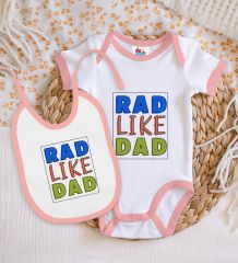 BK Kids Rad Like Dad Tasarımlı Pembe Bebek Body Zıbın ve Mama Önlüğü Hediye Seti-1