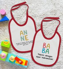 BK Kids Anne ve Baba Tasarımlı 2’li Kırmızı Mama Önlüğü-4