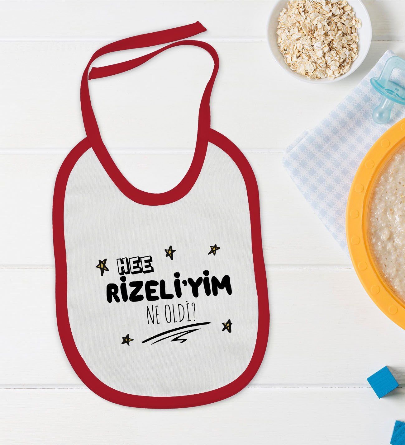 BK Kids Rizeliyim Ne Oldi Tasarımlı Kırmızı Bebek Mama Önlüğü-1