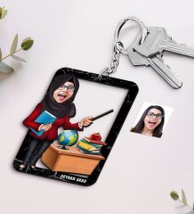 Kişiye Özel İsimli Bayan Öğretmen Karikatürlü Ahşap Anahtarlık-7