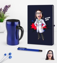 Kişiye Özel Bayan Doktor Karikatürlü Lacivert Defter Kalem Termos Mug Seti - 1