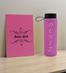 BK Gift Kişiye Özel İsimli Pembe Defter ve Cam Matara Hediye Seti-7, Sevgiliye Hediye, Arkadaşa Hediye, Yeni İş Hediyesi