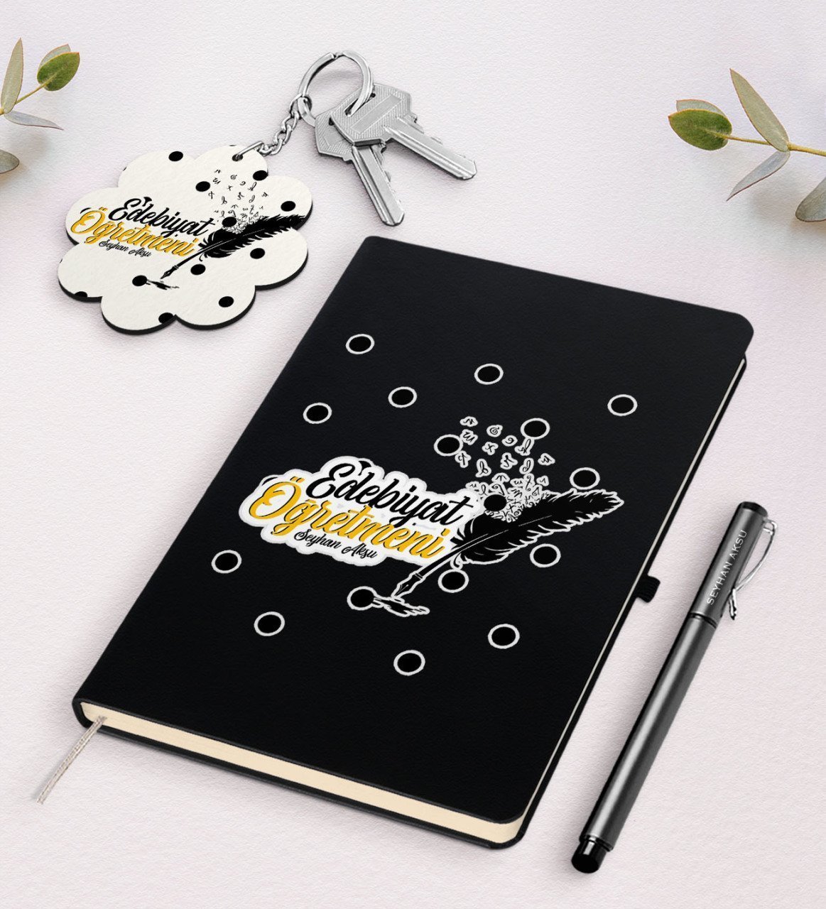 Kişiye Özel Edebiyat Öğretmeni Siyah Defter Kalem Ve Anahtarlık Hediye Seti-3