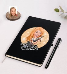 Kişiye Özel Kadın Kuaför Karikatürlü Siyah Defter ve Kalem Hediye Seti-2