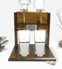 Kişiye Özel Renkli Baskılı Alcohol Company Tasarımlı İkili Rakı Bardağı ve Çift Musluklu Doğal Ahşap Rakı Standı-1