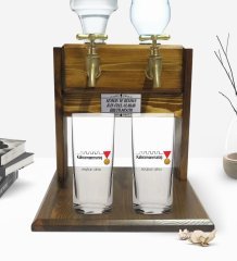 Kişiye Özel Renkli Baskılı Kahramanmaraş Tasarımlı Turistik İkili Rakı Bardağı ve Çift Musluklu Doğal Ahşap Rakı Standı-1