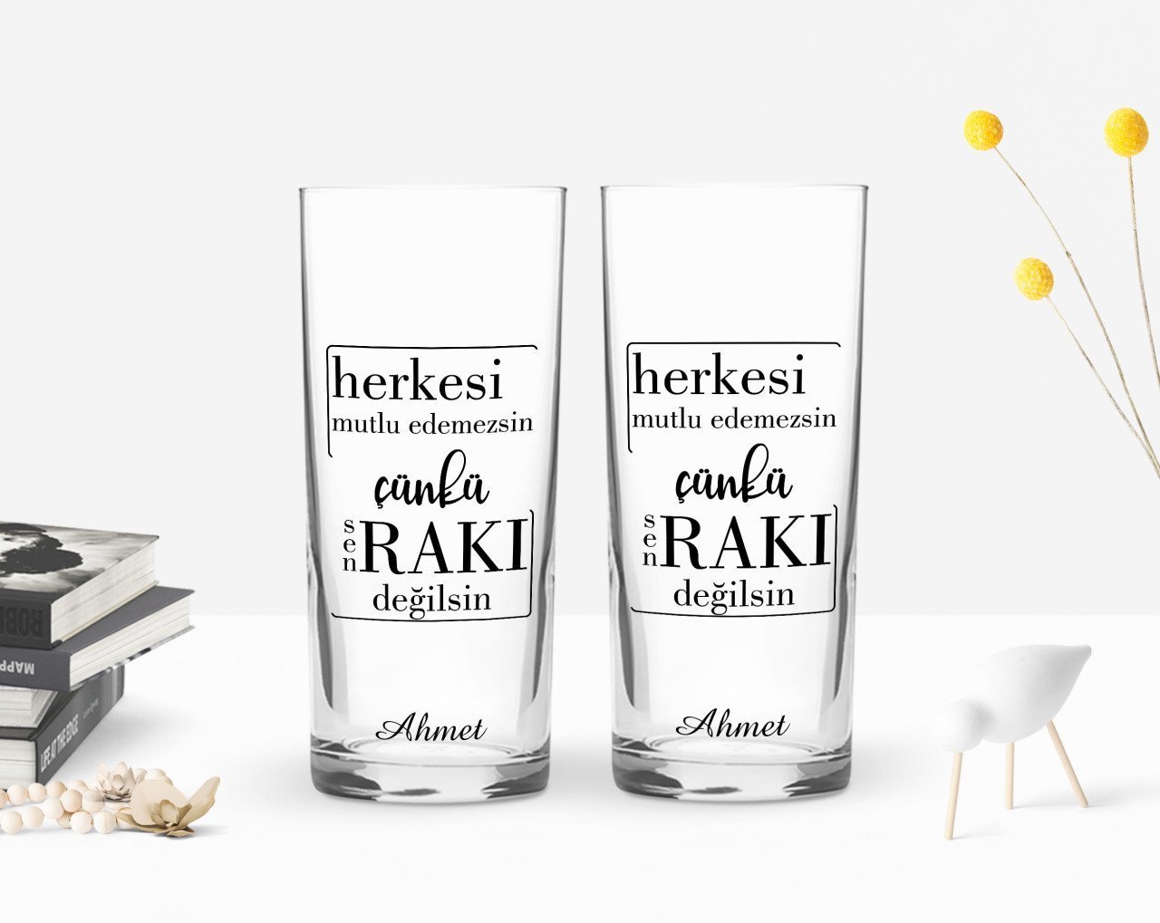 Kişiye Özel Renkli Baskılı Rakı Değilsin Tasarımlı İkili Rakı Bardağı Seti-1