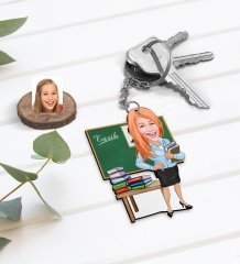 Kişiye Özel Kadın Tarih Öğretmeni Karikatürlü Ahşap Anahtarlık-1