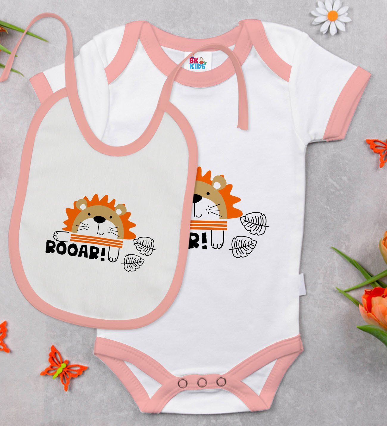 BK Kids Roar Tasarımlı Pembe Bebek Body Zıbın ve Mama Önlüğü Hediye Seti-1