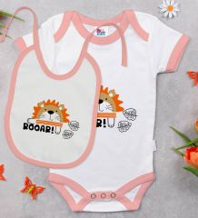BK Kids Roar Tasarımlı Pembe Bebek Body Zıbın ve Mama Önlüğü Hediye Seti-1