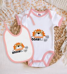 BK Kids Roar Tasarımlı Pembe Bebek Body Zıbın ve Mama Önlüğü Hediye Seti-1