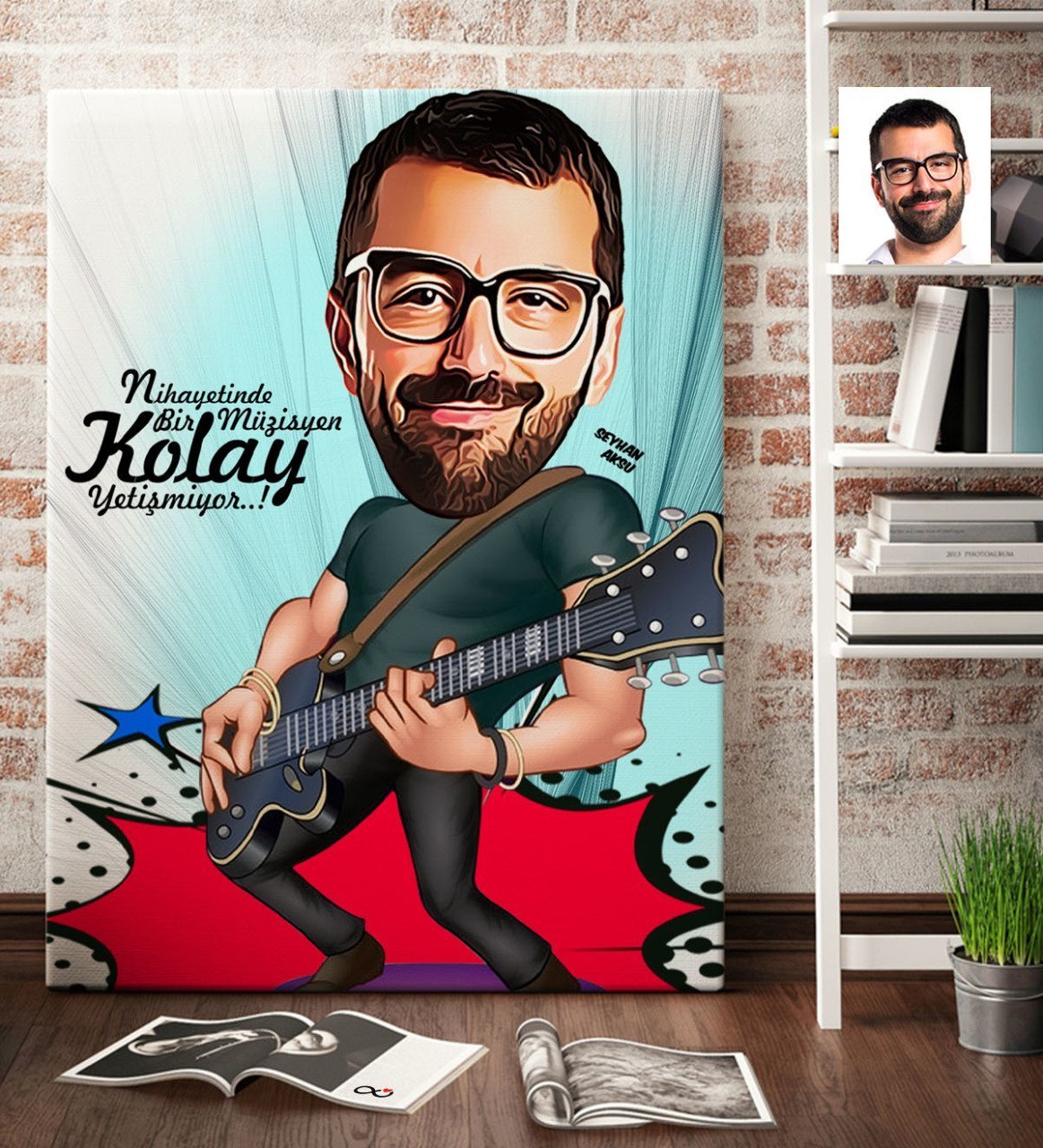 Kişiye Özel Bay Gitarist Karikatür Kanvas Tablo (70 x 100 cm.) 1