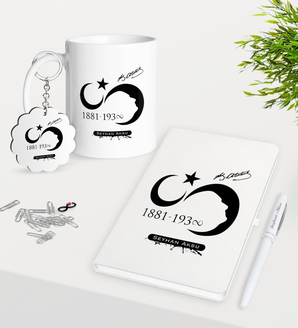Kişiye Özel Atatürk Temalı Kupa Anahtarlık Beyaz Defter Kalem Hediye Seti-5