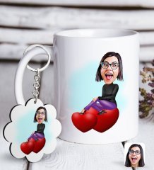 Kişiye Özel Bayan Karikatürlü Beyaz Kupa ve Anahtarlık Hediye Seti-2