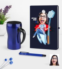 Kişiye Özel Bayan Diş Hekimi Karikatürlü Lacivert Defter Kalem Termos Mug Seti - 3
