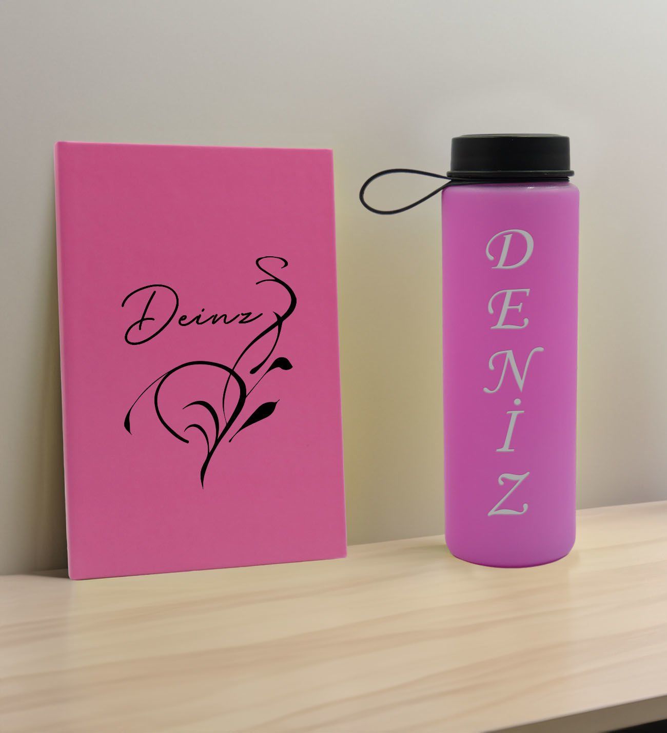 BK Gift Kişiye Özel İsimli Pembe Defter ve Cam Matara Hediye Seti-6, Sevgiliye Hediye, Arkadaşa Hediye, Yeni İş Hediyesi