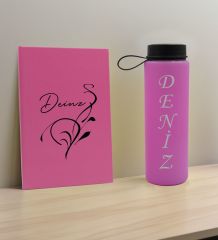 BK Gift Kişiye Özel İsimli Pembe Defter ve Cam Matara Hediye Seti-6, Sevgiliye Hediye, Arkadaşa Hediye, Yeni İş Hediyesi