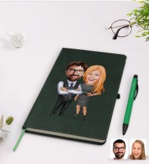 Kişiye Özel Sevgililer Karikatürlü Yeşil Termo Deri Defter Kalem Seti Model 100