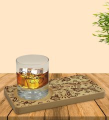 Kişiye Özel Retro Motif Tasarımlı Doğal Ahşap Tabaklı Viski Bardağı Sunum Seti Model 3