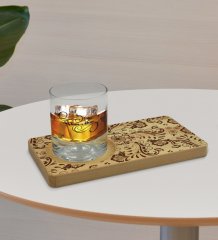 Kişiye Özel Retro Motif Tasarımlı Doğal Ahşap Tabaklı Viski Bardağı Sunum Seti Model 3