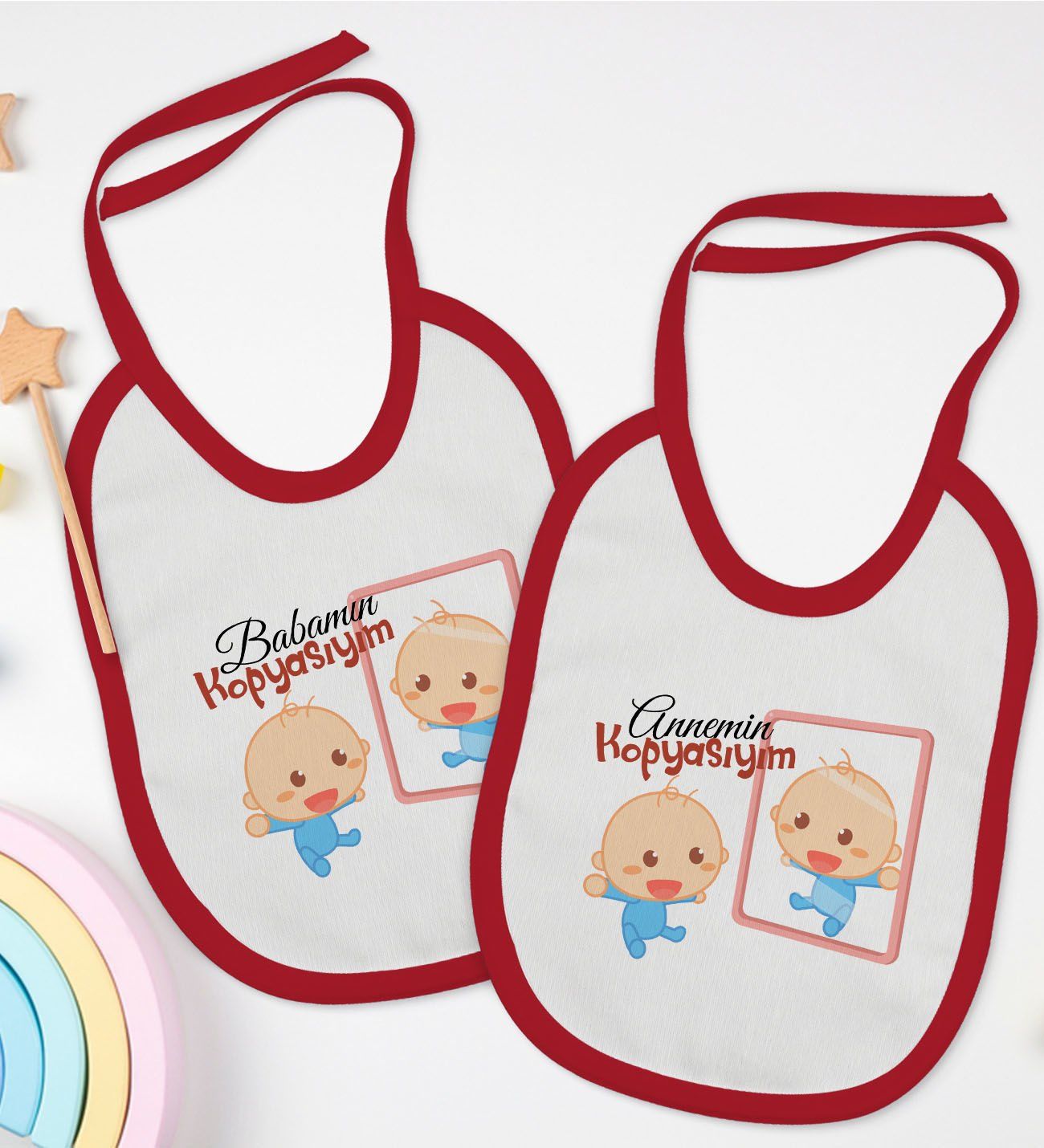 BK Kids Anne ve Baba Tasarımlı 2’li Kırmızı Mama Önlüğü-2