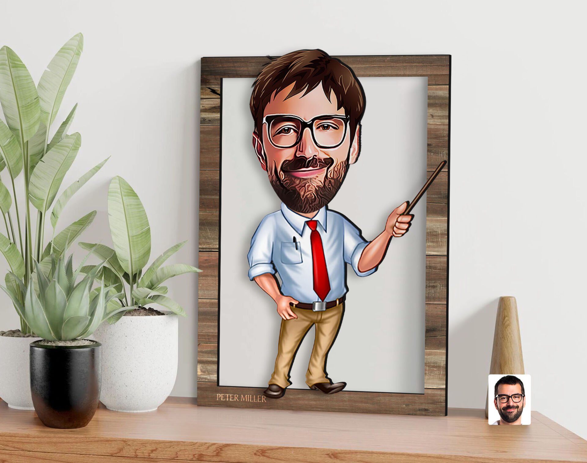 BK Gift Kişiye Özel Erkek Öğretmen Karikatürlü 3D Ahşap Tablo, Sevgiliye Hediye, Arkadaşa Hediye, Yıl Dönümü Hediyesi, Doğum Günü Hediyesi-2
