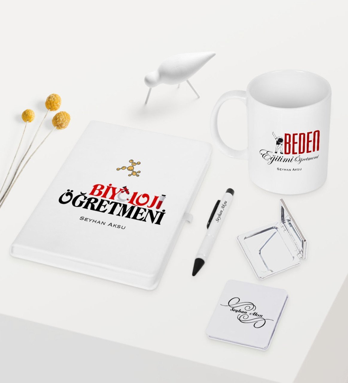 Kişiye Özel Biyoloji Öğretmeni Temalı Beyaz Defter Kalem Kupa Ayna Seti