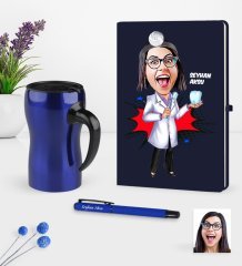 Kişiye Özel Bayan Diş Hekimi Karikatürlü Lacivert Defter Kalem Termos Mug Seti - 2