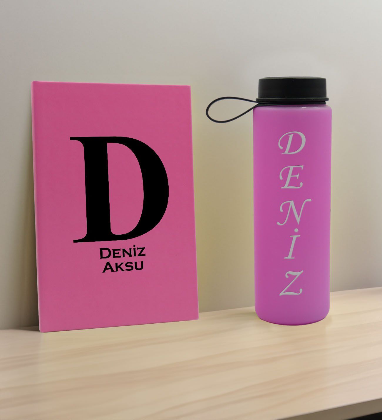 BK Gift Kişiye Özel İsimli Pembe Defter ve Cam Matara Hediye Seti-5, Sevgiliye Hediye, Arkadaşa Hediye, Yeni İş Hediyesi