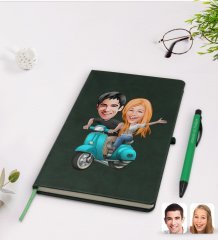 Kişiye Özel Sevgililer Karikatürlü Yeşil Termo Deri Defter Kalem Seti Model 99