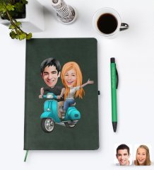 Kişiye Özel Sevgililer Karikatürlü Yeşil Termo Deri Defter Kalem Seti Model 99