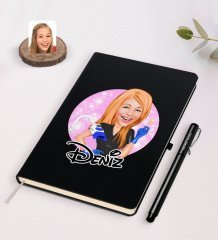 Kişiye Özel Kadın Güzellik Uzmanı Karikatürlü Siyah Defter ve Kalem Hediye Seti-2
