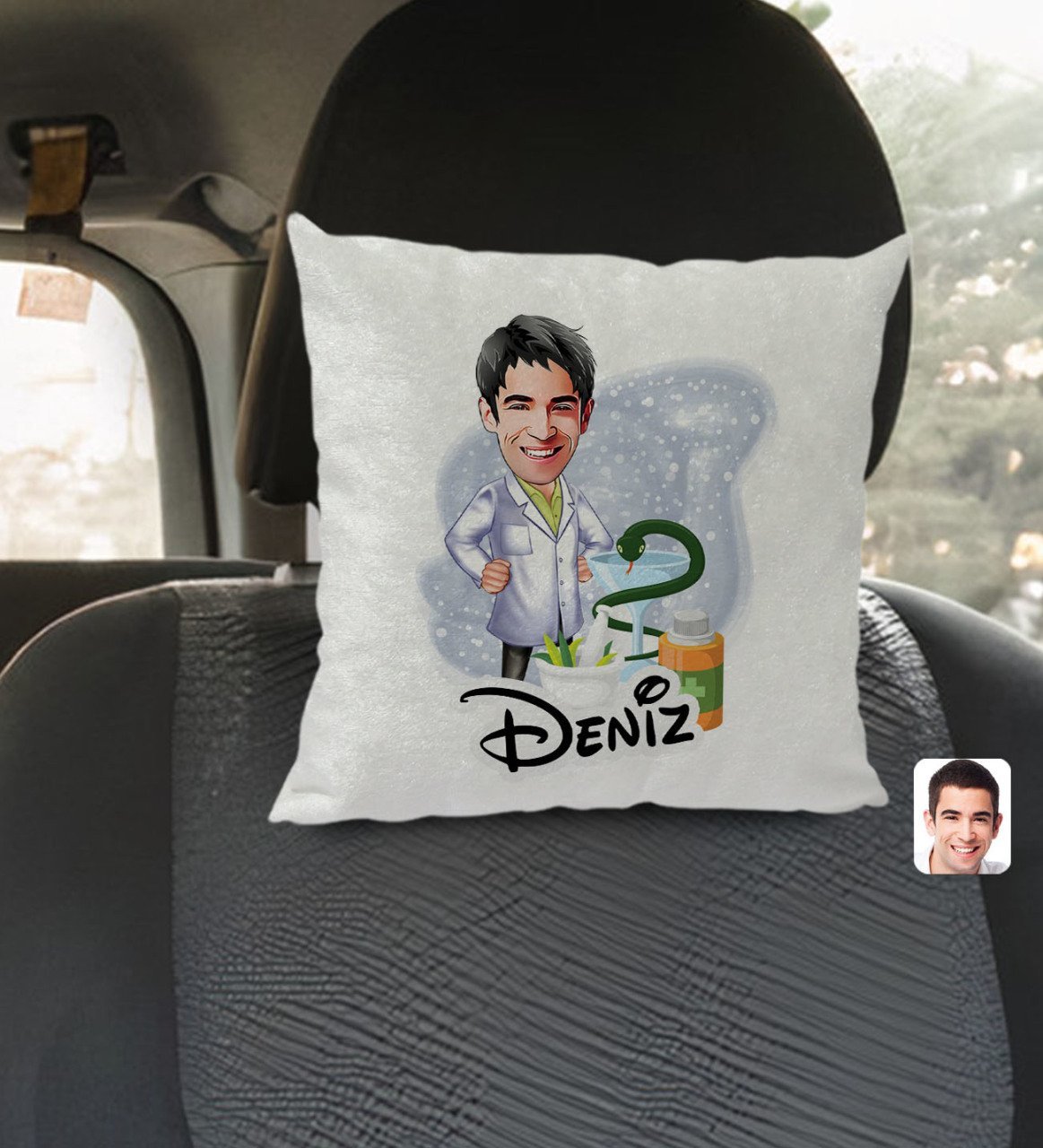 Kişiye Özel İsimli Erkek Eczacı Karikatürlü Kare Araç Koltuk Yastığı-2