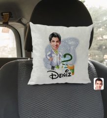 Kişiye Özel İsimli Erkek Eczacı Karikatürlü Kare Araç Koltuk Yastığı-2