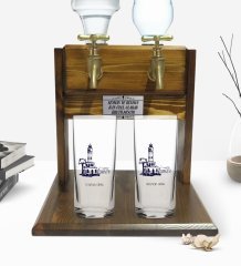 Kişiye Özel Renkli Baskılı İzmir Tasarımlı Turistik İkili Rakı Bardağı ve Çift Musluklu Doğal Ahşap Rakı Standı-2