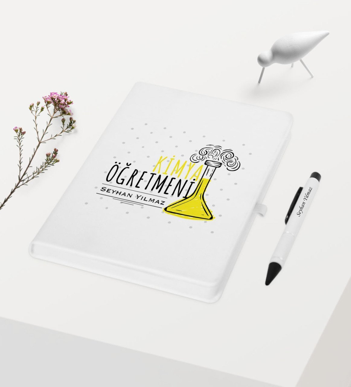Kişiye Özel Kimya Öğretmeni Temalı Beyaz Defter Kalem Hediye Seti - 5