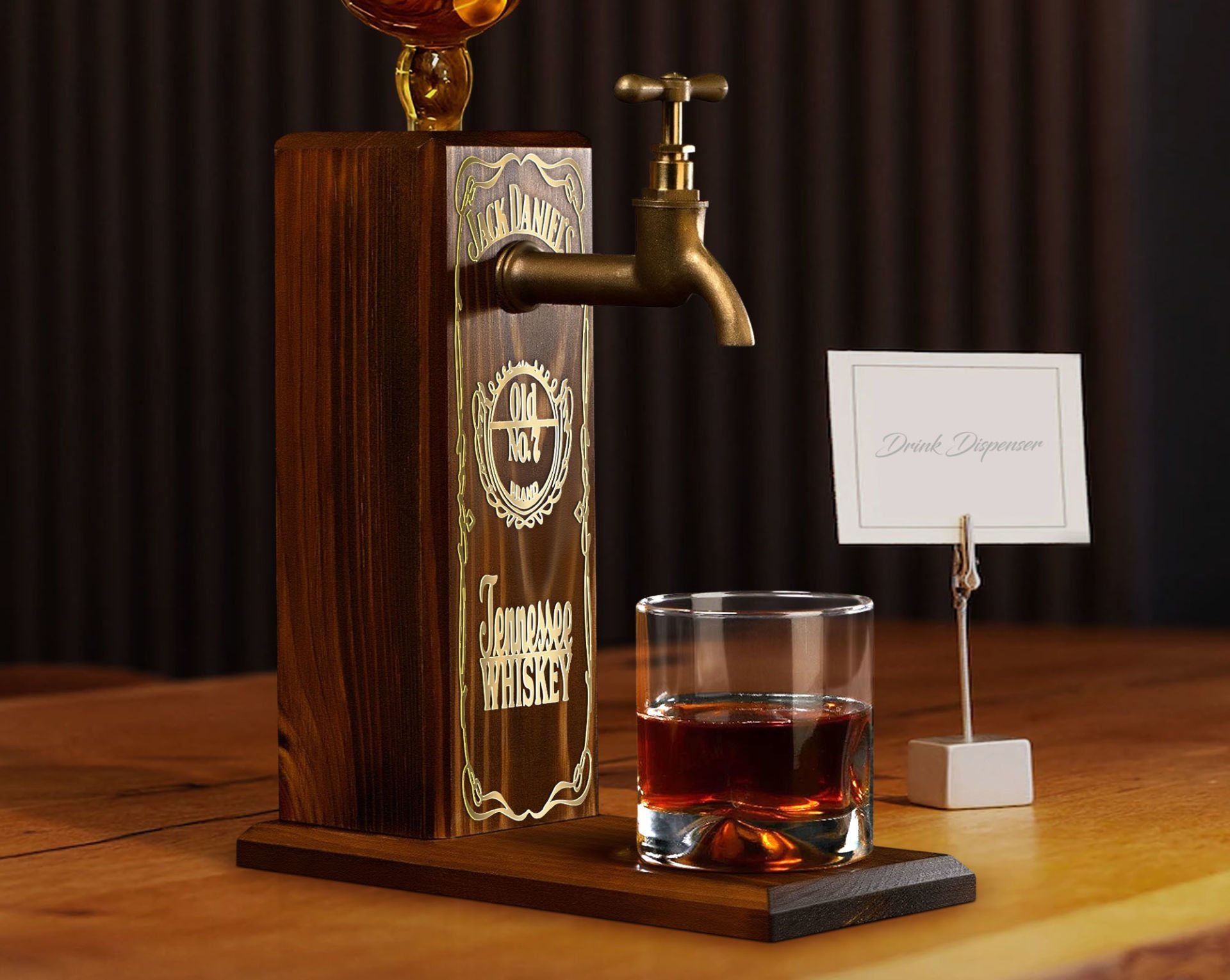 BK Gift Aynalı Altın Kabartma Musluklu Doğal Ceviz Ahşap Viski Standı, Home Bar, İçecek Dispenseri, Ahşap İçecek Çeşmesi-1