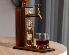 BK Gift Aynalı Altın Kabartma Musluklu Doğal Ceviz Ahşap Viski Standı, Home Bar, İçecek Dispenseri, Ahşap İçecek Çeşmesi-1