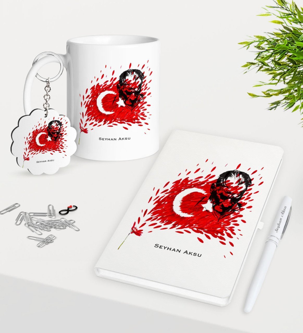 Kişiye Özel Atatürk Temalı Kupa Anahtarlık Beyaz Defter Kalem Hediye Seti-3