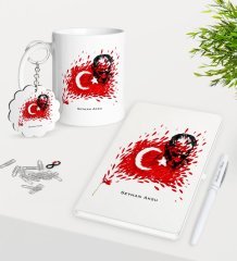 Kişiye Özel Atatürk Temalı Kupa Anahtarlık Beyaz Defter Kalem Hediye Seti-3