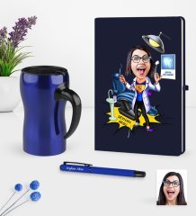 Kişiye Özel Bayan Diş Hekimi Karikatürlü Lacivert Defter Kalem Termos Mug Seti - 1